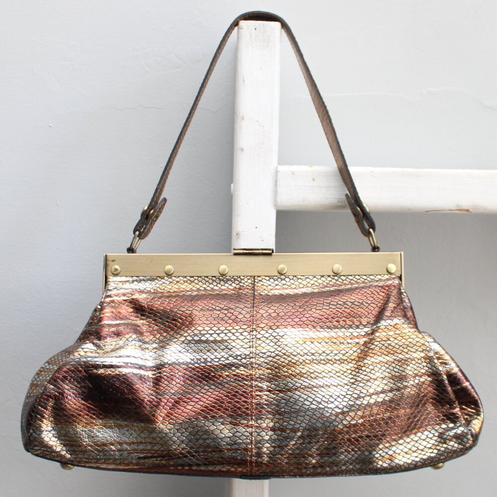 Patricia Nash Metallic Gold Brass Silver Snakeskin Leather Purse Shoulder Bag - Picture 3 of 8